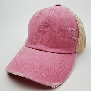 Ponytail Criss-cross Mesh Trucker Women's Cap Hat Distressed Pink